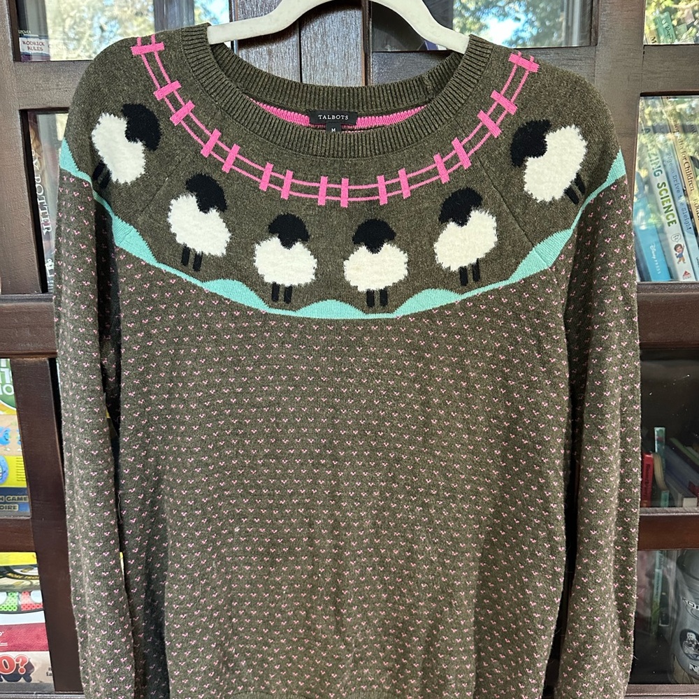 Talbots Olive Sweater with Sheep Pattern